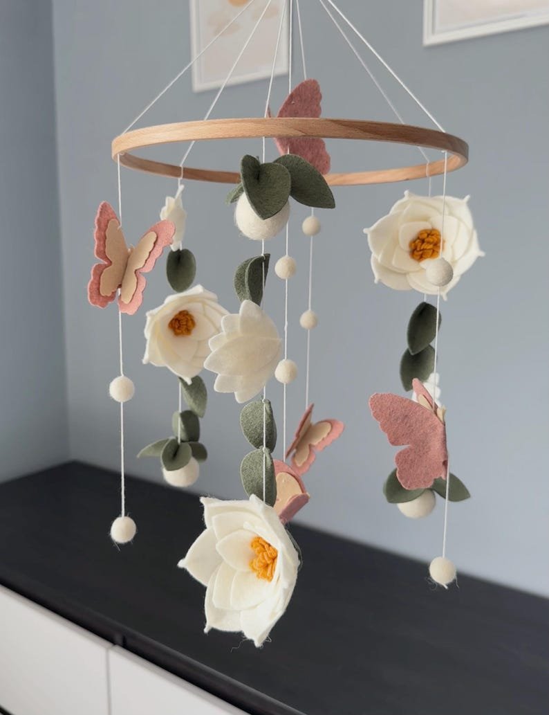 Floral Butterfly Baby Mobile, Handmade Felt Crib Mobile with Flowers and Butterflies, Girl Nursery Decor, Baby Shower Gift BBMB45