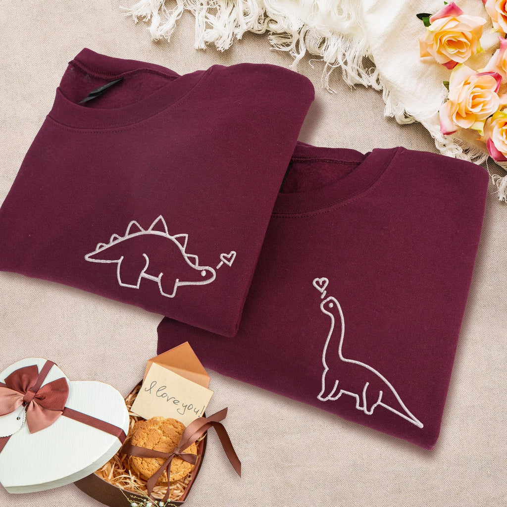 Embroidered Dinosaur Couple Hoodie, Matching Hoodie Set, Cute Dino Line Art Sweatshirt, Minimalist Lovers Outfit, Anniversary Gift