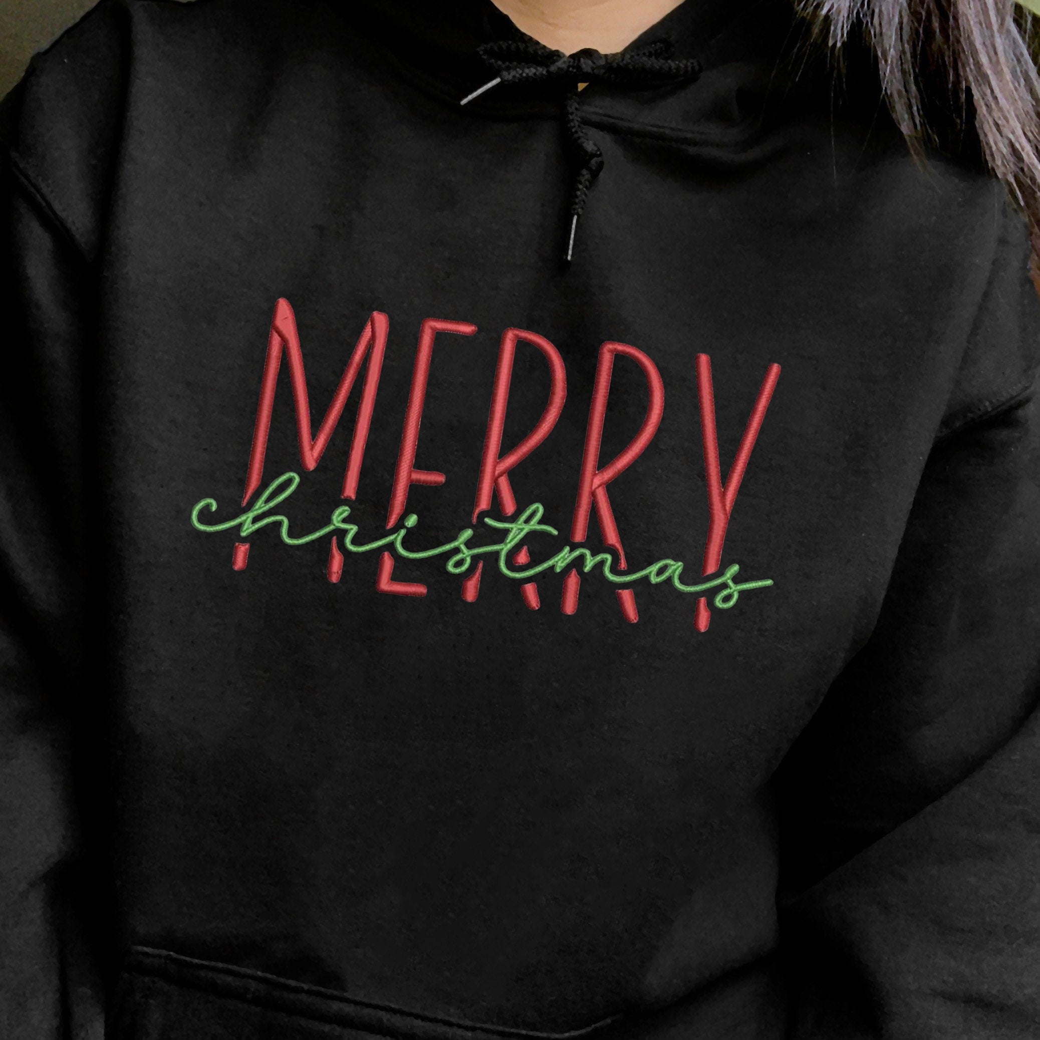 Merry Christmas Embroidered Hoodie, Minimal Holiday Sweater, Cozy Winter Outfit, Christmas Crewneck Gift for Her & Him