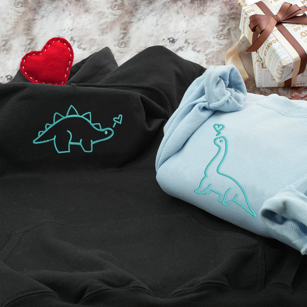 Embroidered Dinosaur Couple Hoodie, Matching Hoodie Set, Cute Dino Line Art Sweatshirt, Minimalist Lovers Outfit, Anniversary Gift
