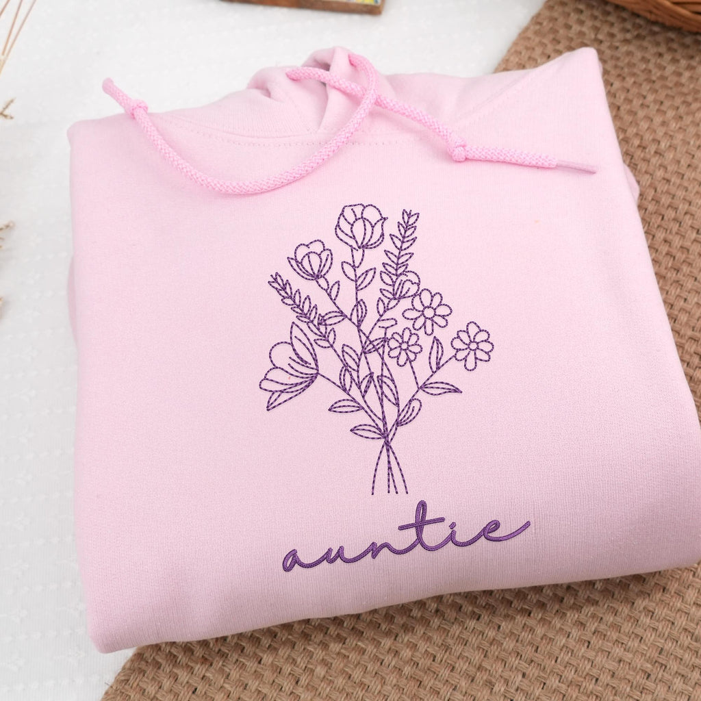 Auntie Embroidered Sweatshirt, Floral Stitch Pullover, Custom Name Crewneck, Cozy Aunt Gift, Minimalist Sweater