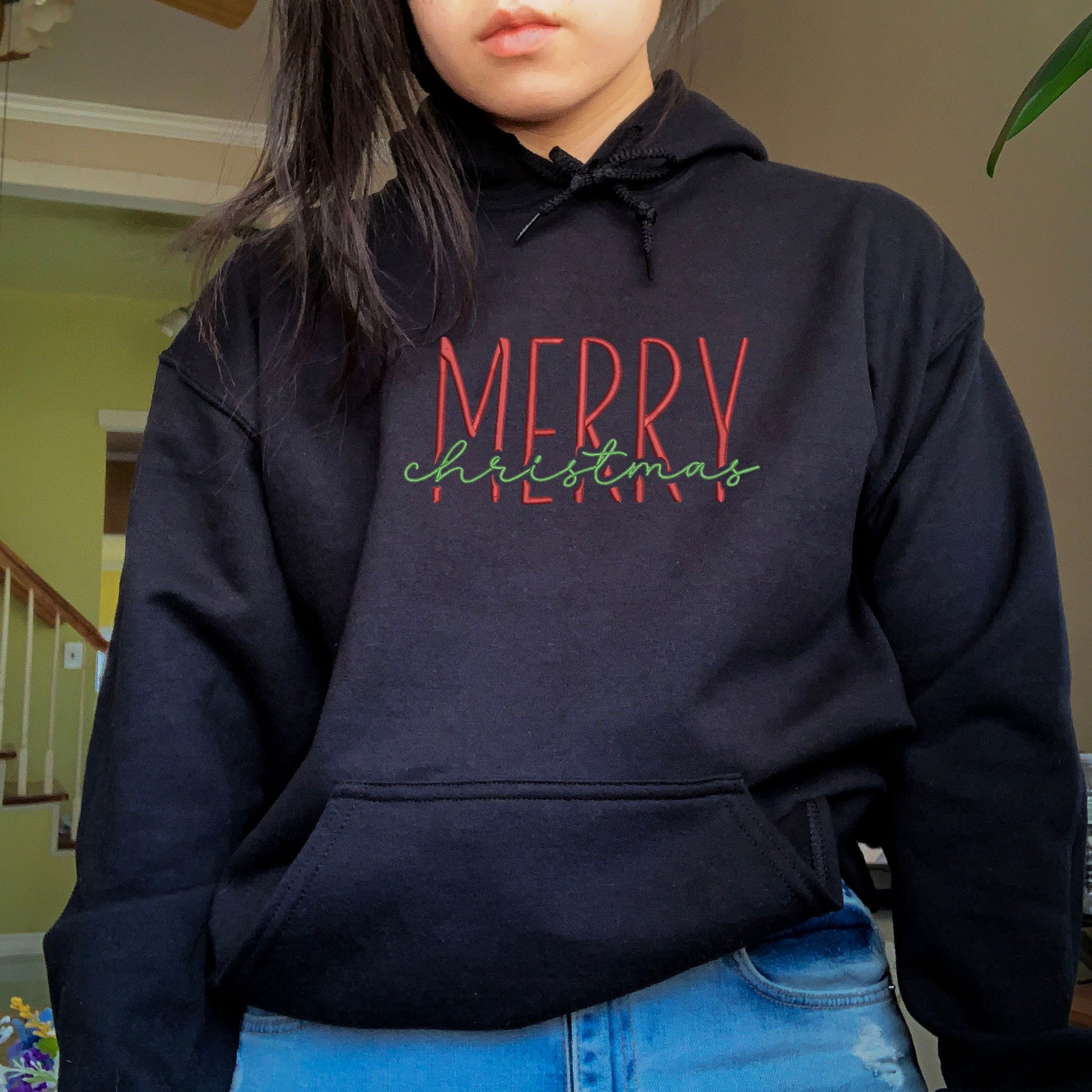 Merry Christmas Embroidered Hoodie, Minimal Holiday Sweater, Cozy Winter Outfit, Christmas Crewneck Gift for Her & Him