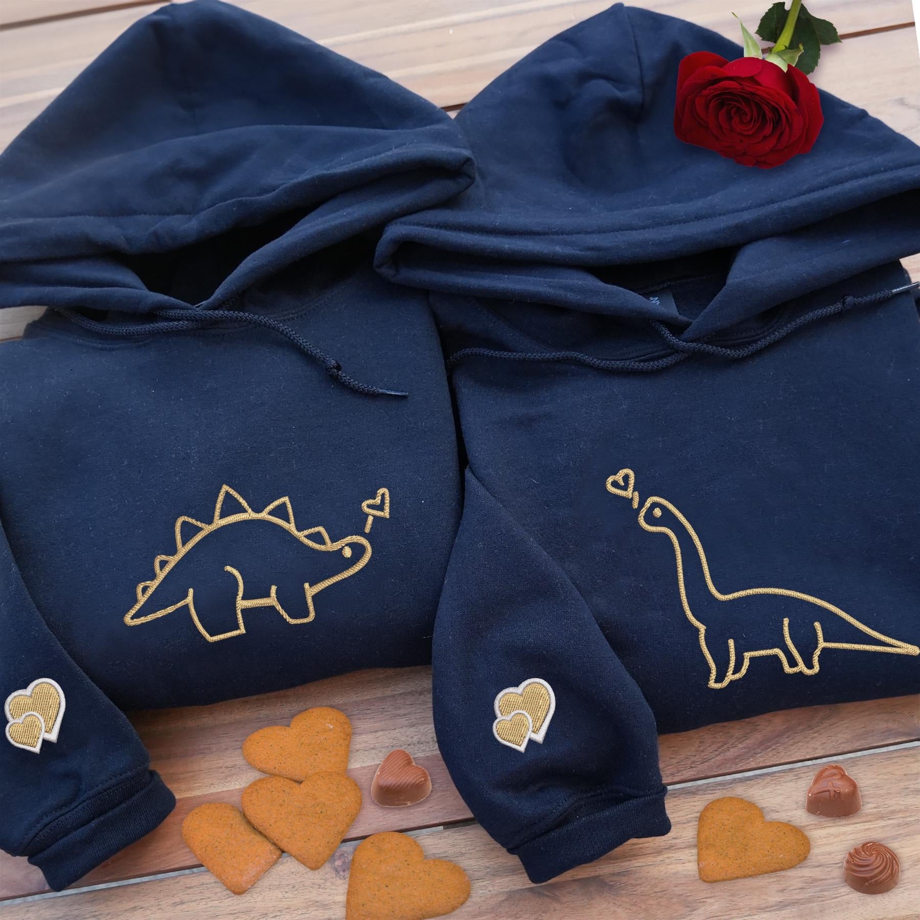 Embroidered Dinosaur Couple Hoodie, Matching Hoodie Set, Cute Dino Line Art Sweatshirt, Minimalist Lovers Outfit, Anniversary Gift