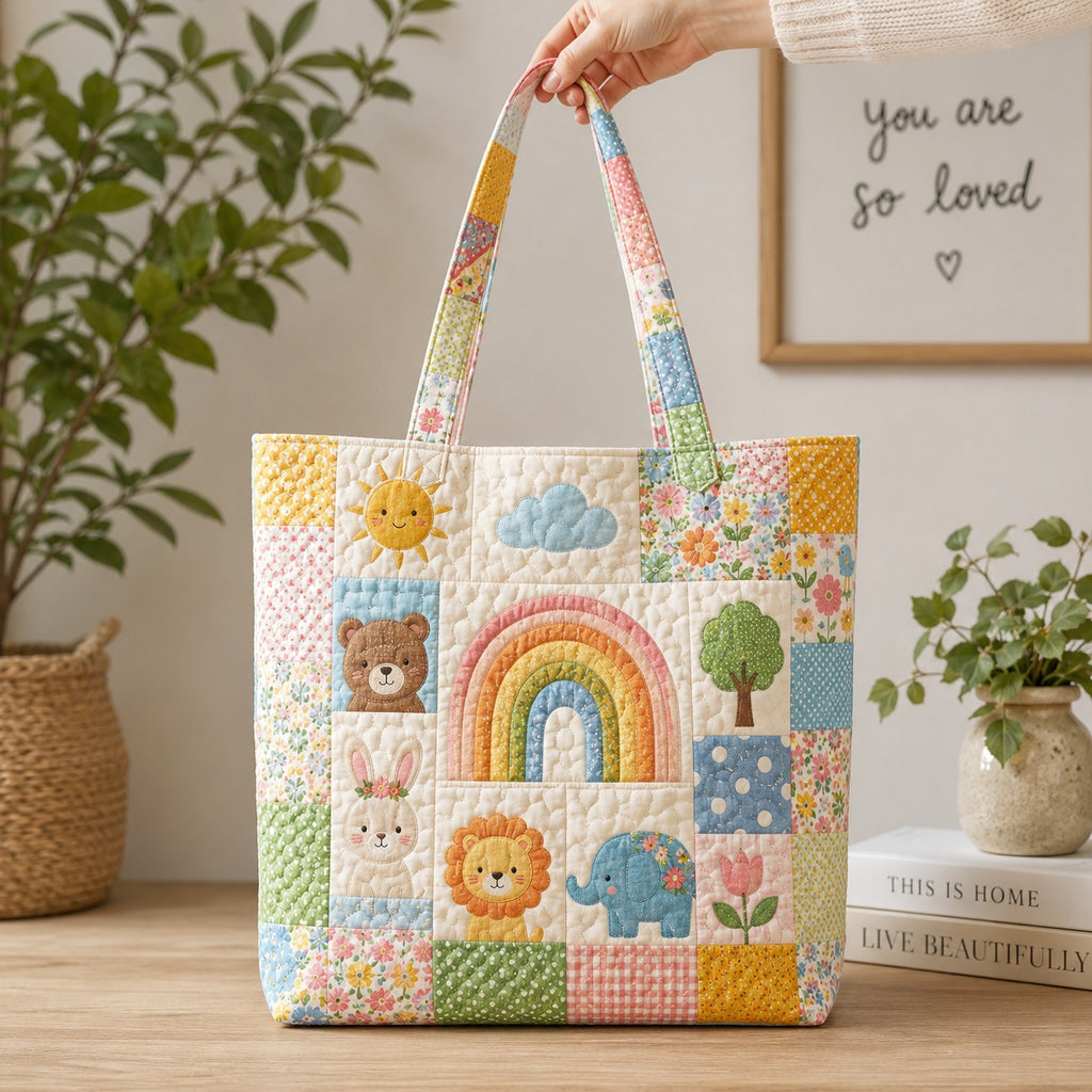 Cute Animals Quilted Tote Bag, Animals Patchwork Tote Bag, Baby Shoulder Bag, Quilted Mom Bag, Fabric Bag QTOTE52