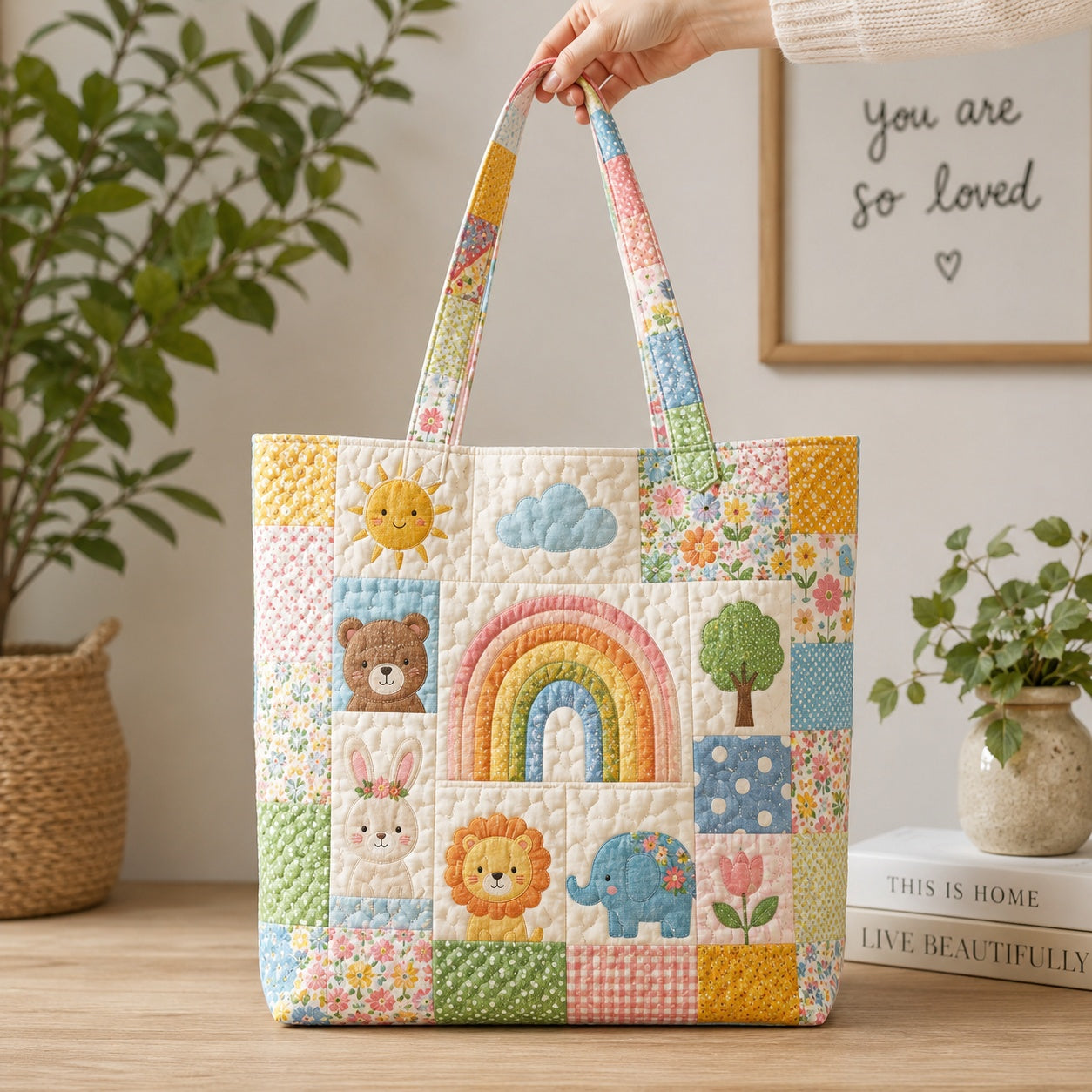 Cute Animals Quilted Tote Bag, Animals Patchwork Tote Bag, Baby Shoulder Bag, Quilted Mom Bag, Fabric Bag QTOTE52