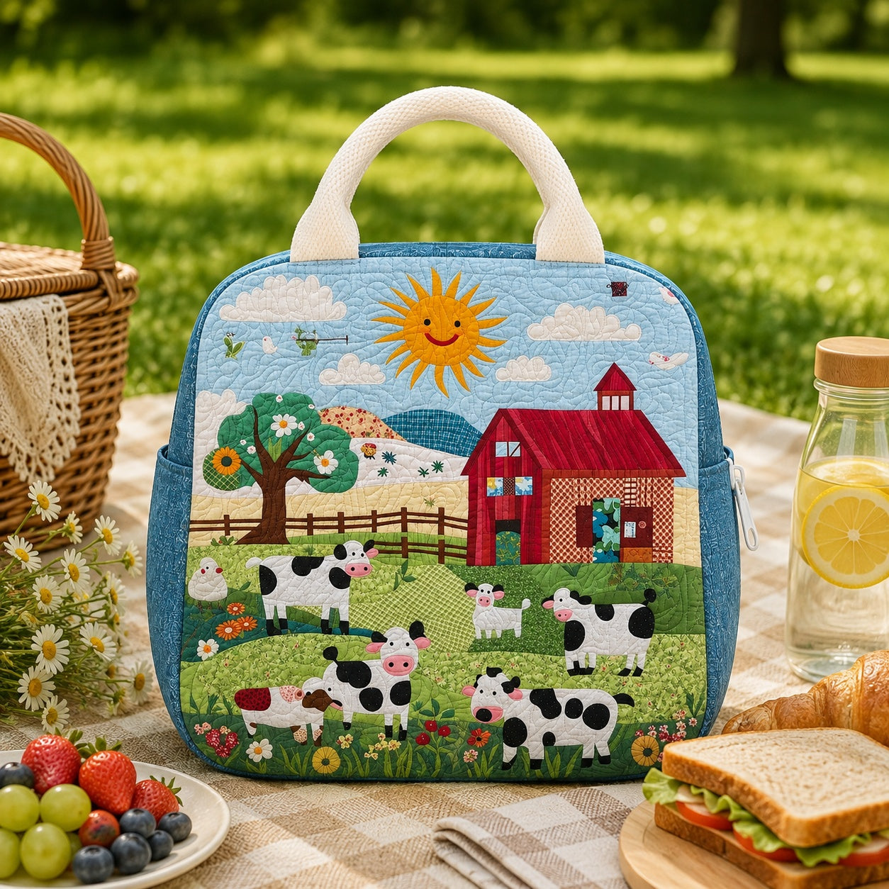 Farm Pattern Quilted Lunch Bag, Insulated Quilted Lunch Tote, Cow Lunch Bag, Custom Lunch Bag, Back To School Bag, Picnic Bag, Reusable Lunch Tote QLB30
