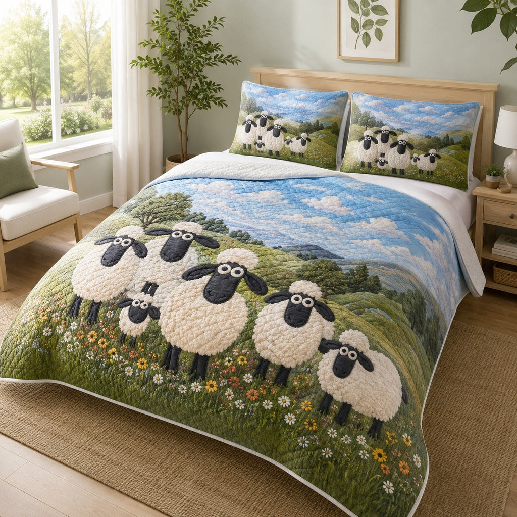 Sheep Quilted Bedding Set, Sheeps pattern Quilt with Pillow Covers, Bedroom Decor QBEDSET27