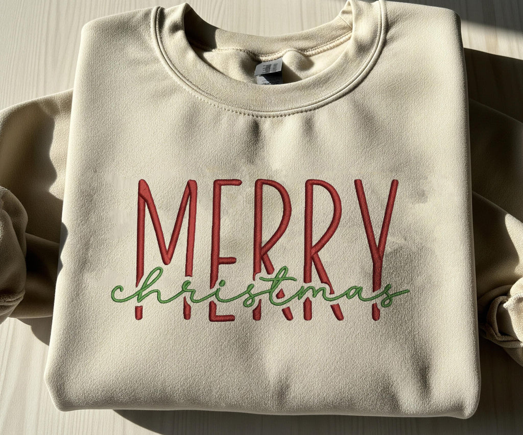 Merry Christmas Embroidered Hoodie, Minimal Holiday Sweater, Cozy Winter Outfit, Christmas Crewneck Gift for Her & Him