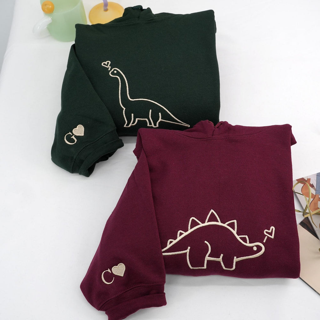 Embroidered Dinosaur Couple Hoodie, Matching Hoodie Set, Cute Dino Line Art Sweatshirt, Minimalist Lovers Outfit, Anniversary Gift