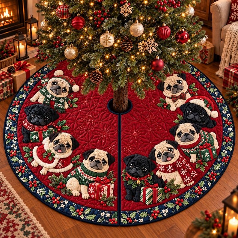 Christmas Pug Dog Quilted Tree Skirt, Patchwork Xmas Tree Skirt, Holiday Decor, Xmas Tree Base Cover, Custom Tree Skirt XMASTS51