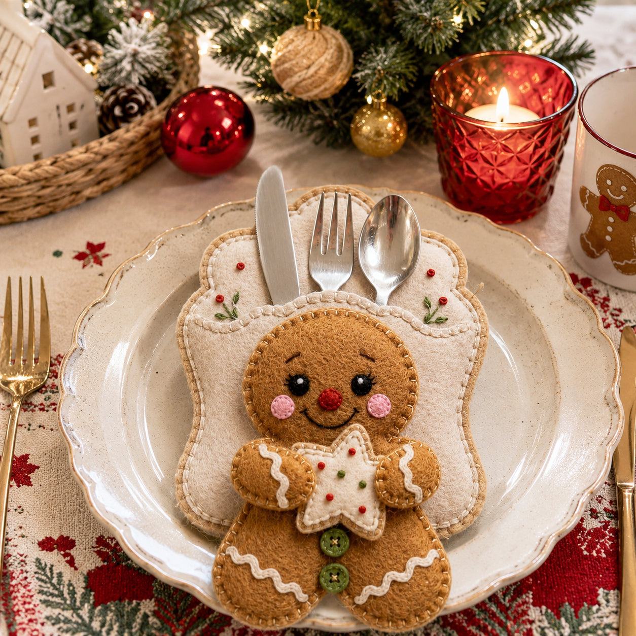 Gingerbread Cookie Felt Silverware Holder, Christmas Cutlery Pocket, Holiday Table Decor, Festive Place Setting, Christmas Gift Decor FELTCH28