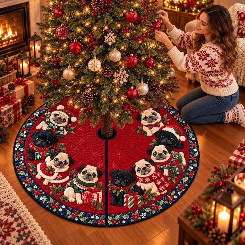 Christmas Pug Dog Quilted Tree Skirt, Patchwork Xmas Tree Skirt, Holiday Decor, Xmas Tree Base Cover, Custom Tree Skirt XMASTS51