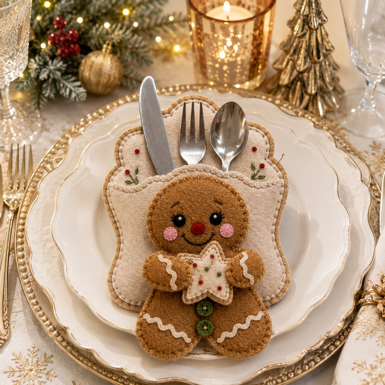 Gingerbread Cookie Felt Silverware Holder, Christmas Cutlery Pocket, Holiday Table Decor, Festive Place Setting, Christmas Gift Decor FELTCH28
