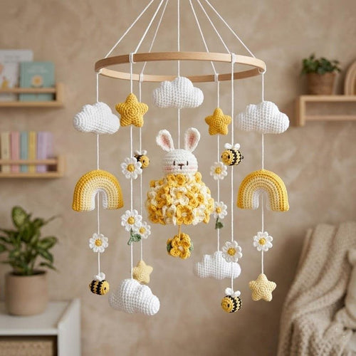 Bunny Bee Baby Crib Mobile, Handmade Crochet Bunny Mobile, Rainbow Daisy Nursery Decor, Yellow Floral Baby Mobile, Baby Shower Gift CrochetBBM26
