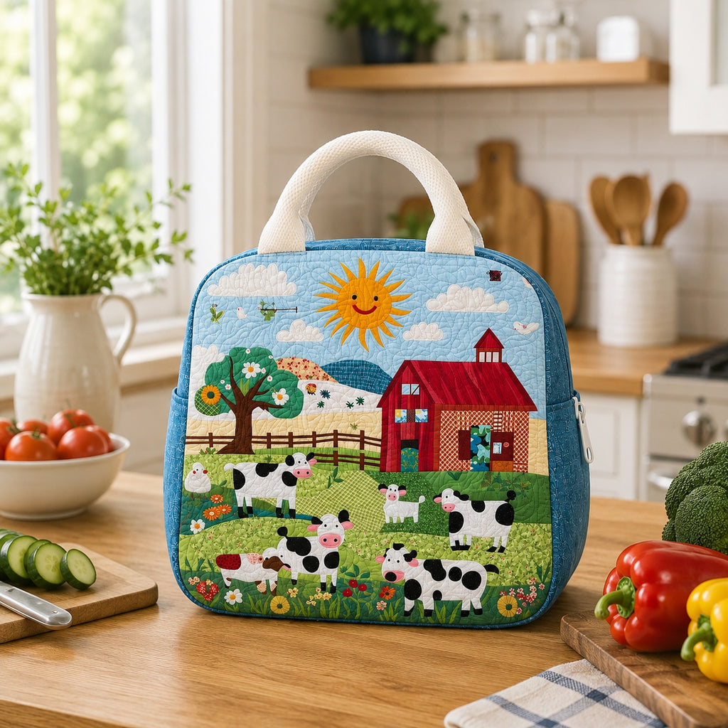Farm Pattern Quilted Lunch Bag, Insulated Quilted Lunch Tote, Cow Lunch Bag, Custom Lunch Bag, Back To School Bag, Picnic Bag, Reusable Lunch Tote QLB30