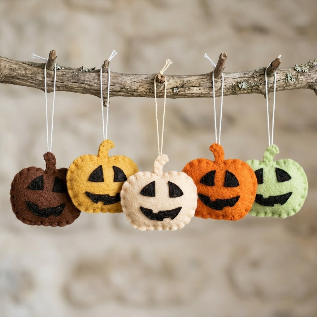 Set 5Pcs Cute Pumpkin Halloween Felt Ornament, Hand-Embroidery Pumpkin Felt Ornament, Custom Ornament, Halloween Gift HFOR25