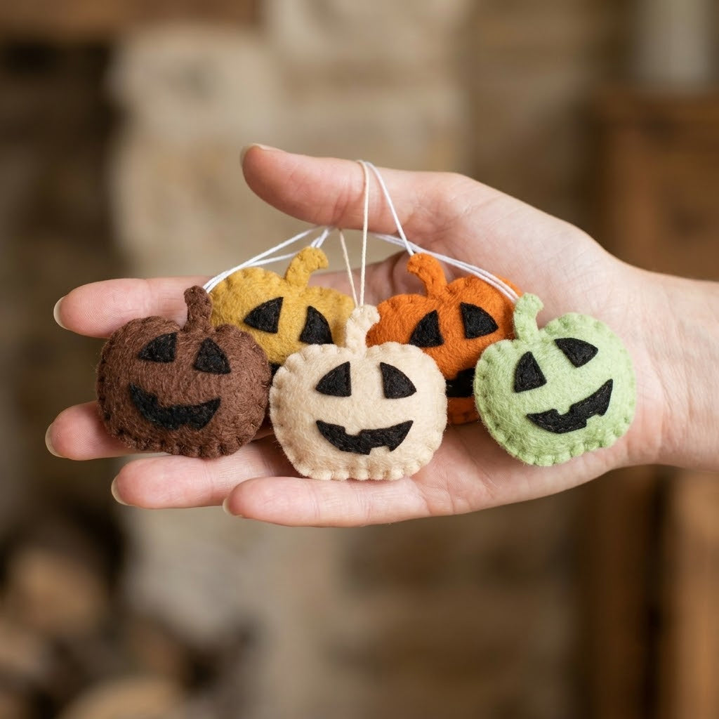 Set 5Pcs Cute Pumpkin Halloween Felt Ornament, Hand-Embroidery Pumpkin Felt Ornament, Custom Ornament, Halloween Gift HFOR25