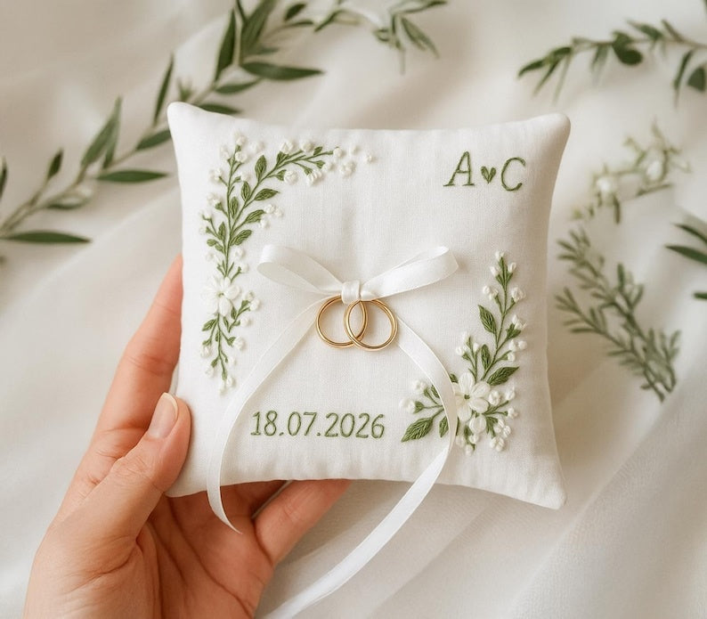Personalized Embroidered Floral Wedding Ring Bearer Pillow, Custom Name & Wedding Date Ring Pillow, Romantic Wedding Ceremony Keepsake Gift WPILLOW02
