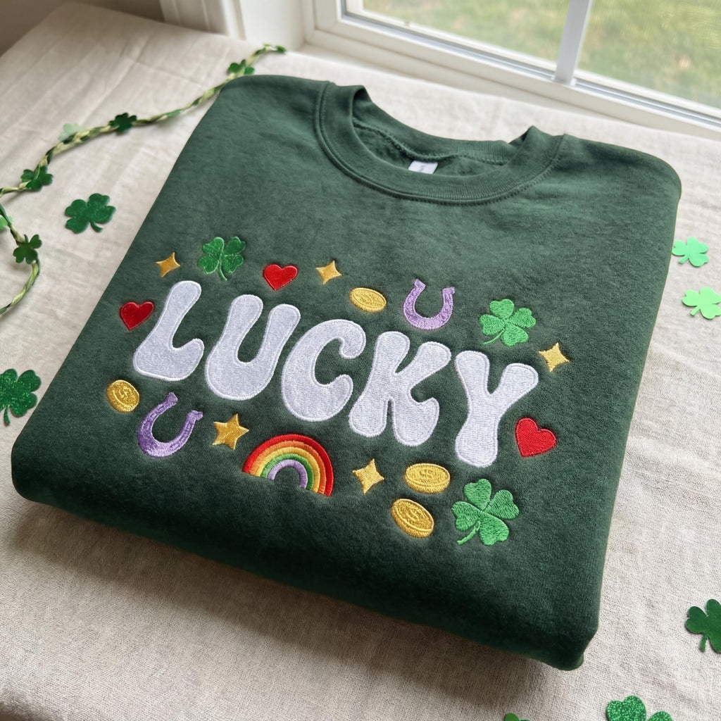 Lucky Charms Embroidered Sweatshirt – Irish Crewneck Mini Shamrocks St Patricks Day Shirt