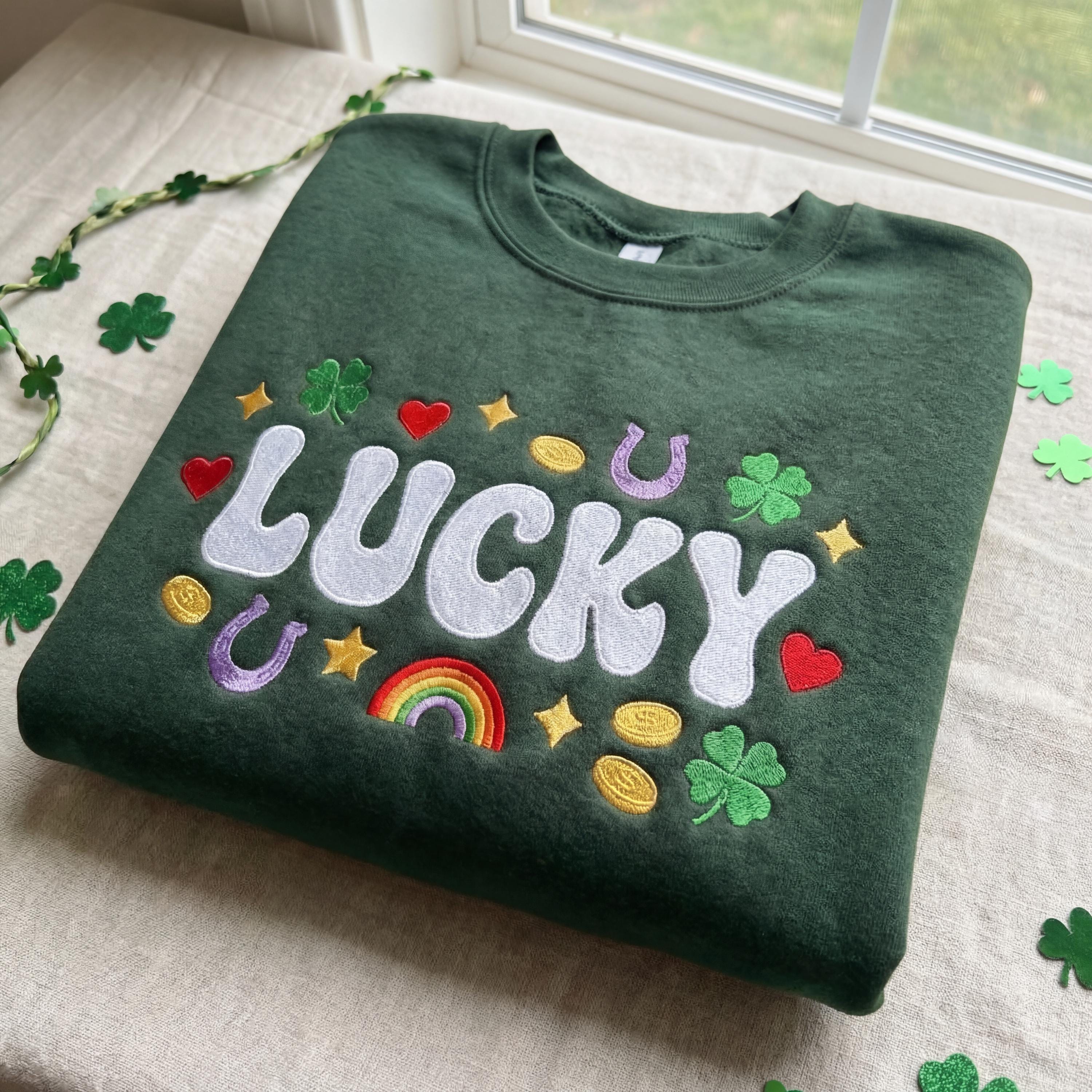 Lucky Charms Embroidered Sweatshirt – Irish Crewneck Mini Shamrocks St Patricks Day Shirt