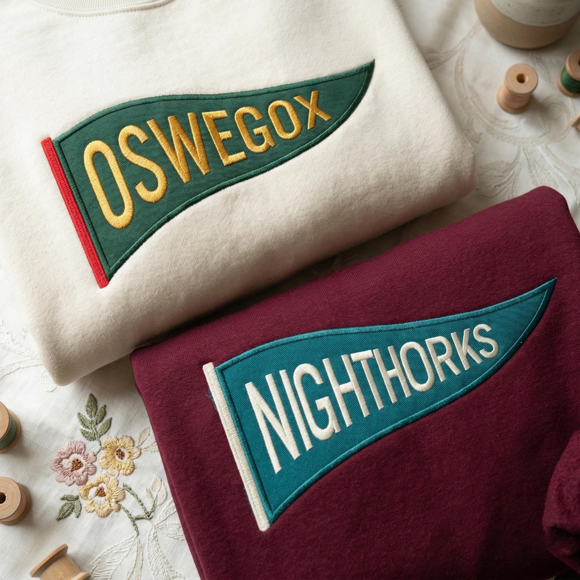 Custom Embroidered College Pennant Sweatshirt, Personalized Team Crewneck, Senior Class Gift, University High School Flag Name Sweater, Custom School Apparel