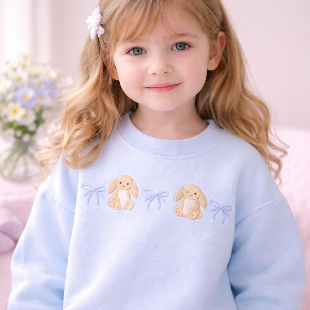 Pastel Bunny Embroidered Sweatshirt with Bows, Cute Cottagecore Crewneck Pullover, Easter Aesthetic Sweater, Soft Girl Spring Easter Outfit