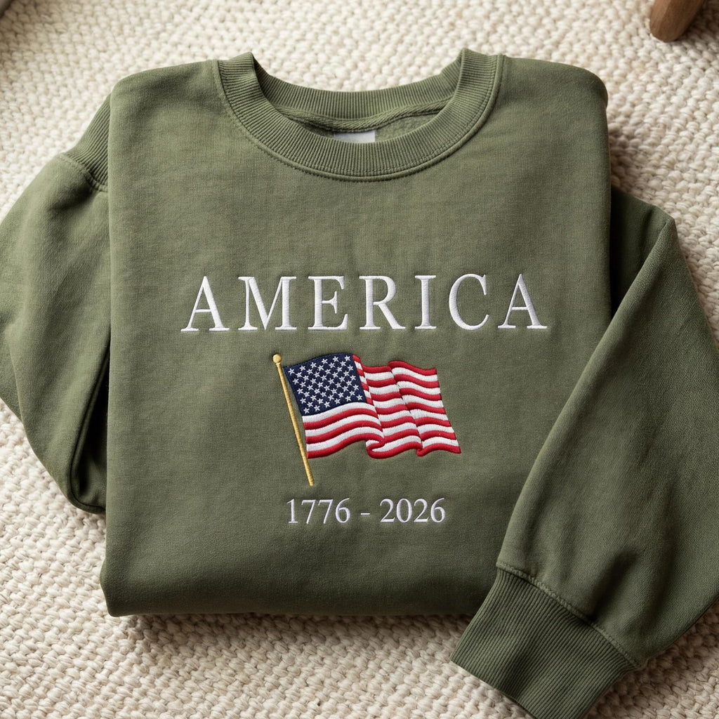 Embroidered 250th Anniversary America Sweatshirt, 1776-2026 USA Flag Crewneck, Custom July 4th Independence Gift, Red White Blue US Apparel