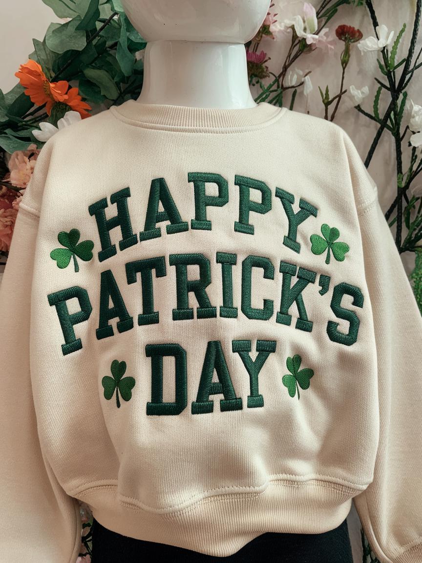 Embroidered Happy St. Patrick’s Day Toddler Sweatshirt – Cute Irish Shamrock Crewneck for Kids