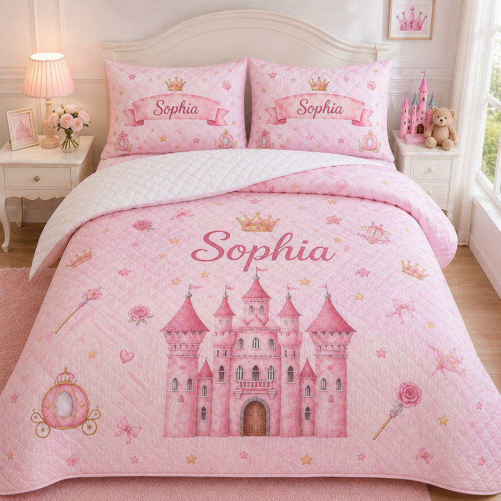 Personalized Princess Castle Quilted Bedding Set, Princess Blanket, Custom Pink Girls Quilt Set with Pillow Covers, Princess Bedroom Decor QBEDSET02