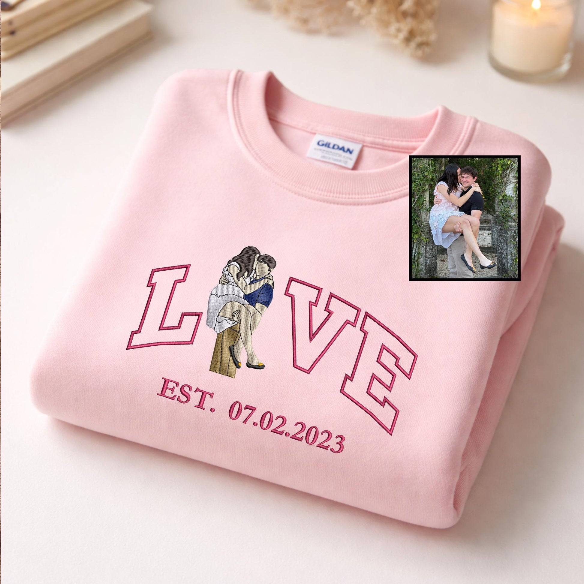 Custom Embroidered Hoodie for Girlfriend, Couple Portrait Embroidery Hoodie, Personalized Valentine Sweatshirt