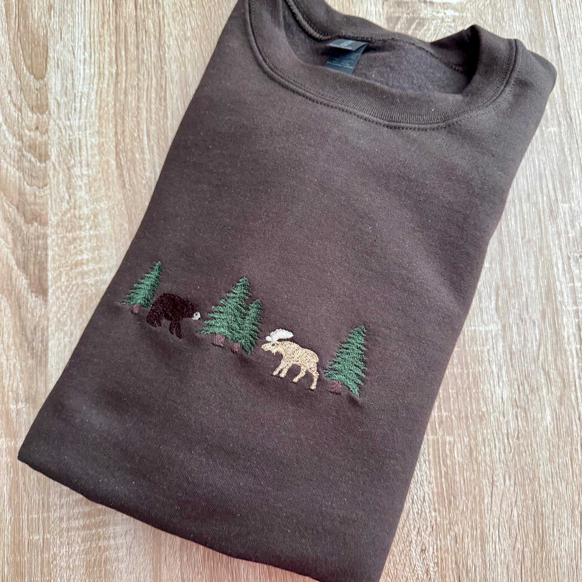 Embroidered Nature Sweatshirt, Bear and Moose Forest Wildlife Crewneck, Cozy Handmade Embroidery Gift