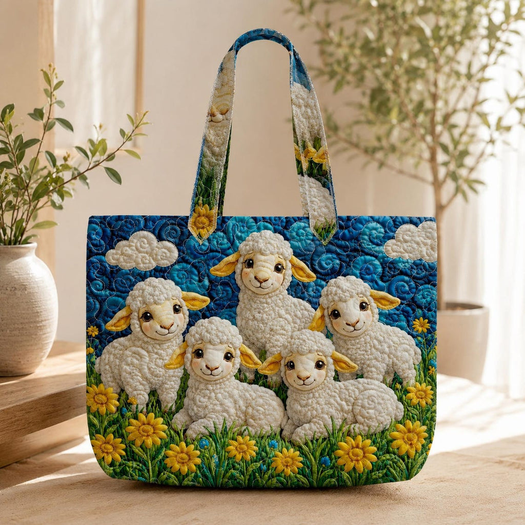 Cute Sheep Farm Quilted Tote Bag, Lamb Shoulder Bag, Sheep Art Tote, Fabric Tote Bag, Gift Bag QTOTE27