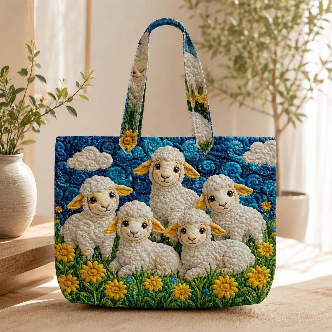 Cute Sheep Farm Quilted Tote Bag, Lamb Shoulder Bag, Sheep Art Tote, Fabric Tote Bag, Gift Bag QTOTE27
