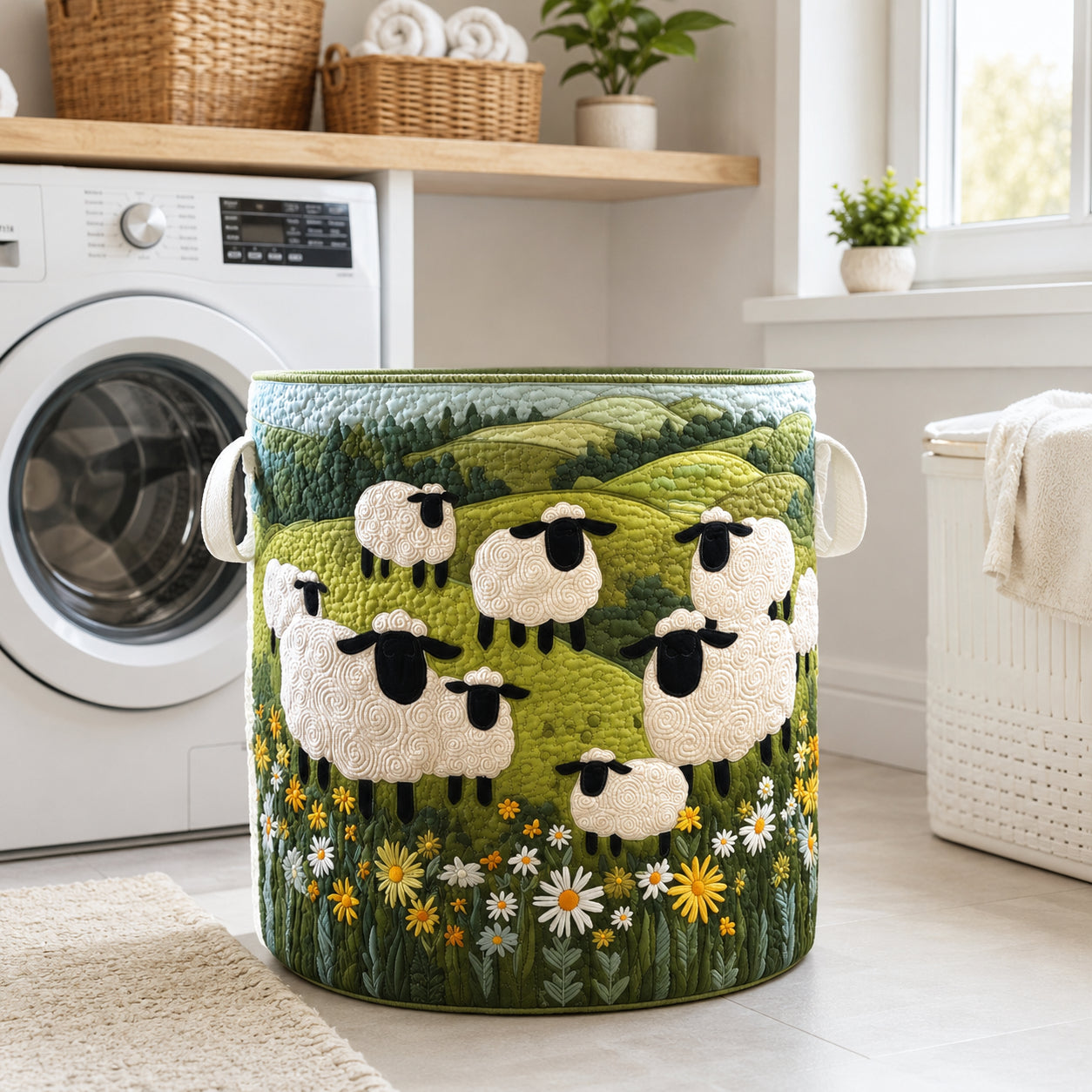 Sheep Pattern Quilted Laundry Basket, Sheep Storage Hamper, Custom Name Quilted Basket, Laundry Room Decor, Fabric Clothes Basket QBK76