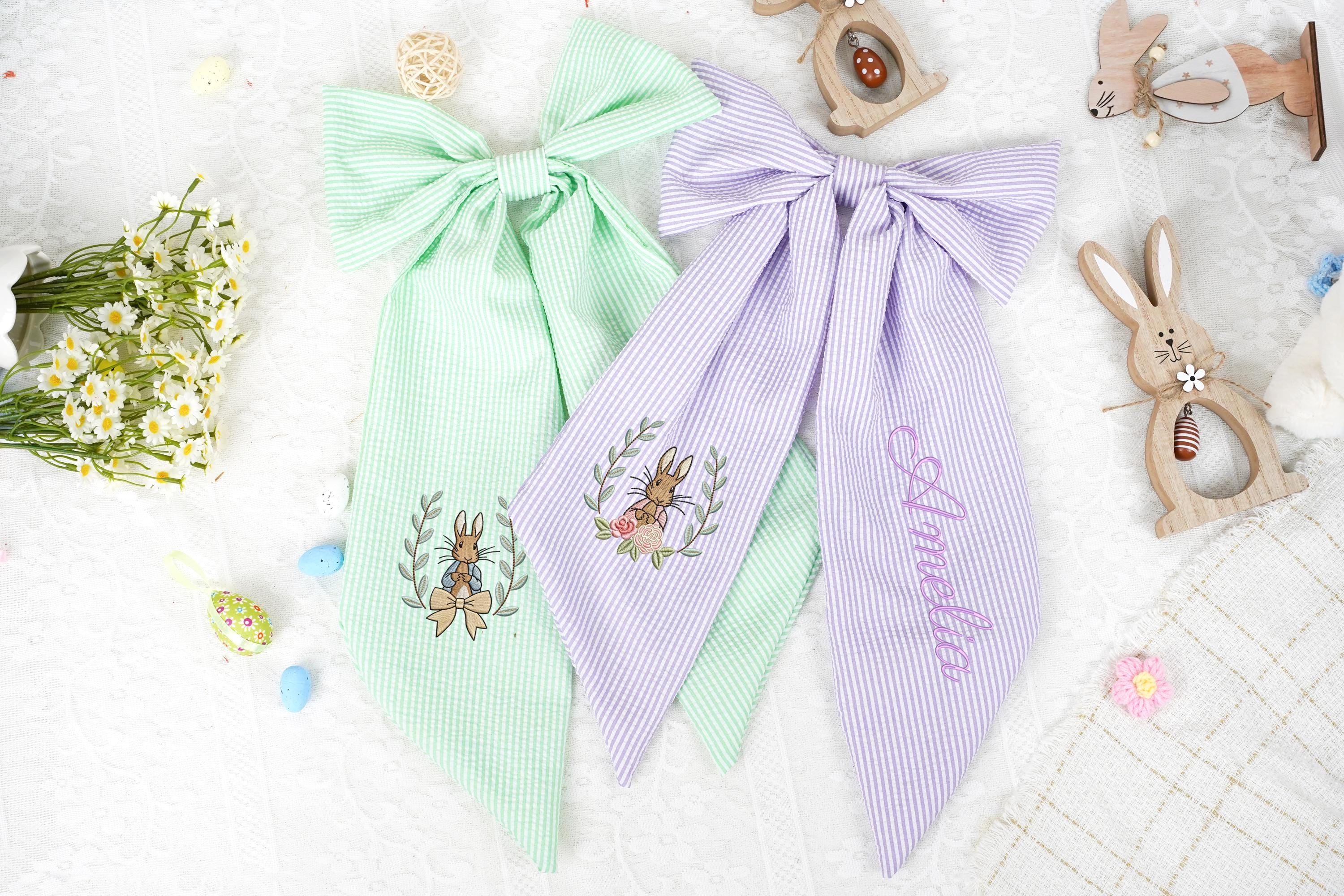 Personalized Seersucker Easter Basket Bow, Custom Monogrammed Bow, Baby Shower Favor, Wedding Basket Bow, Spring Decoration