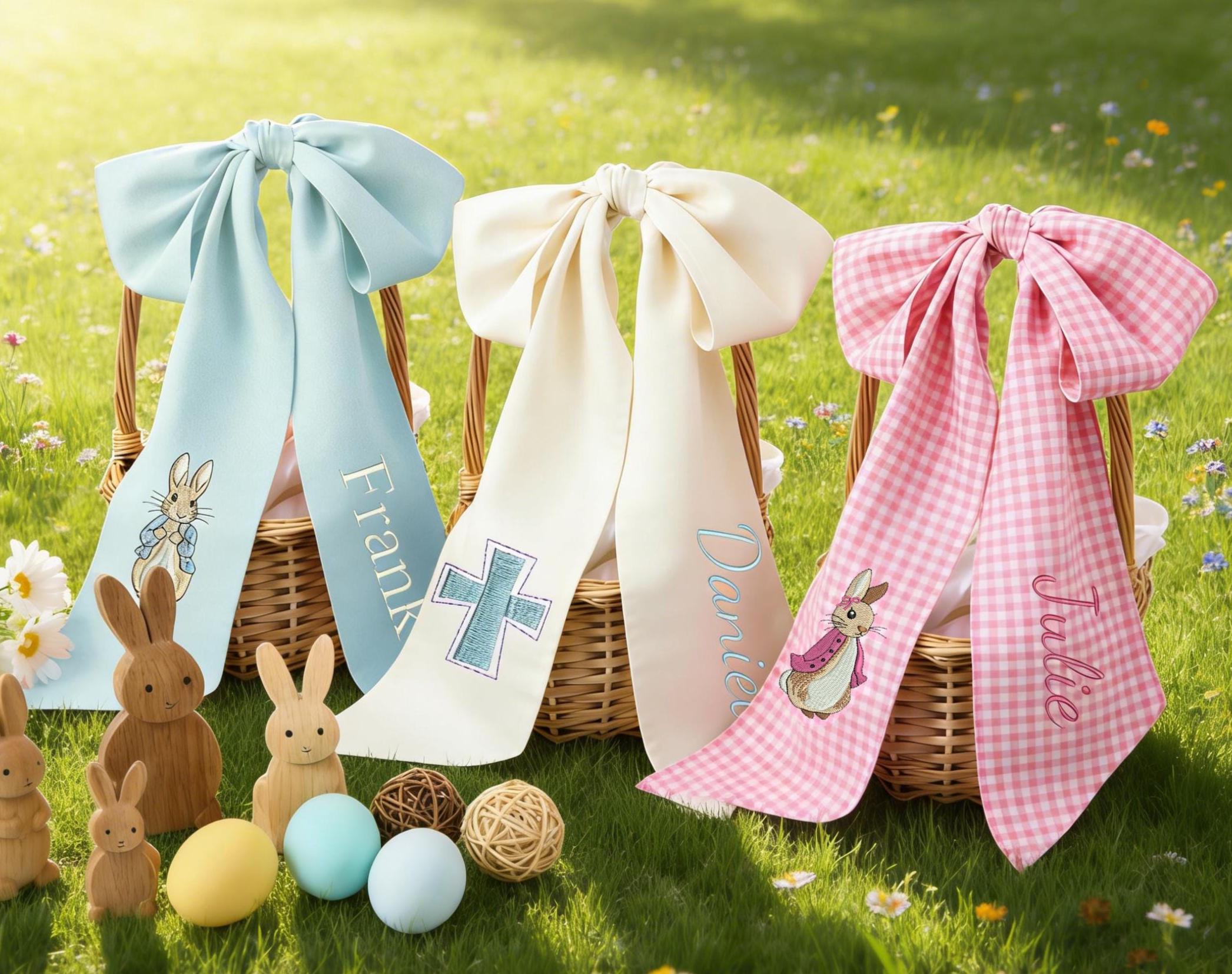 personalized easter basket bow,custom easter bows embroidered,easter bunny bow,easter basket ribbon,peter rabbit personalized bow for basket