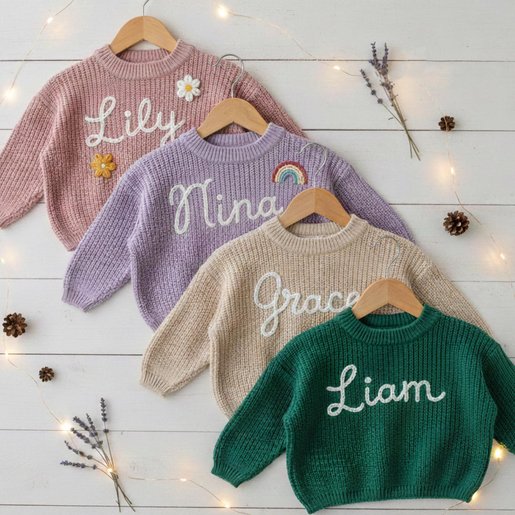 Personalized Hand Embroidered Baby Name Sweater, Custom Knit Sweater for Girls Boys, Birthday Gift, Baby Outfit