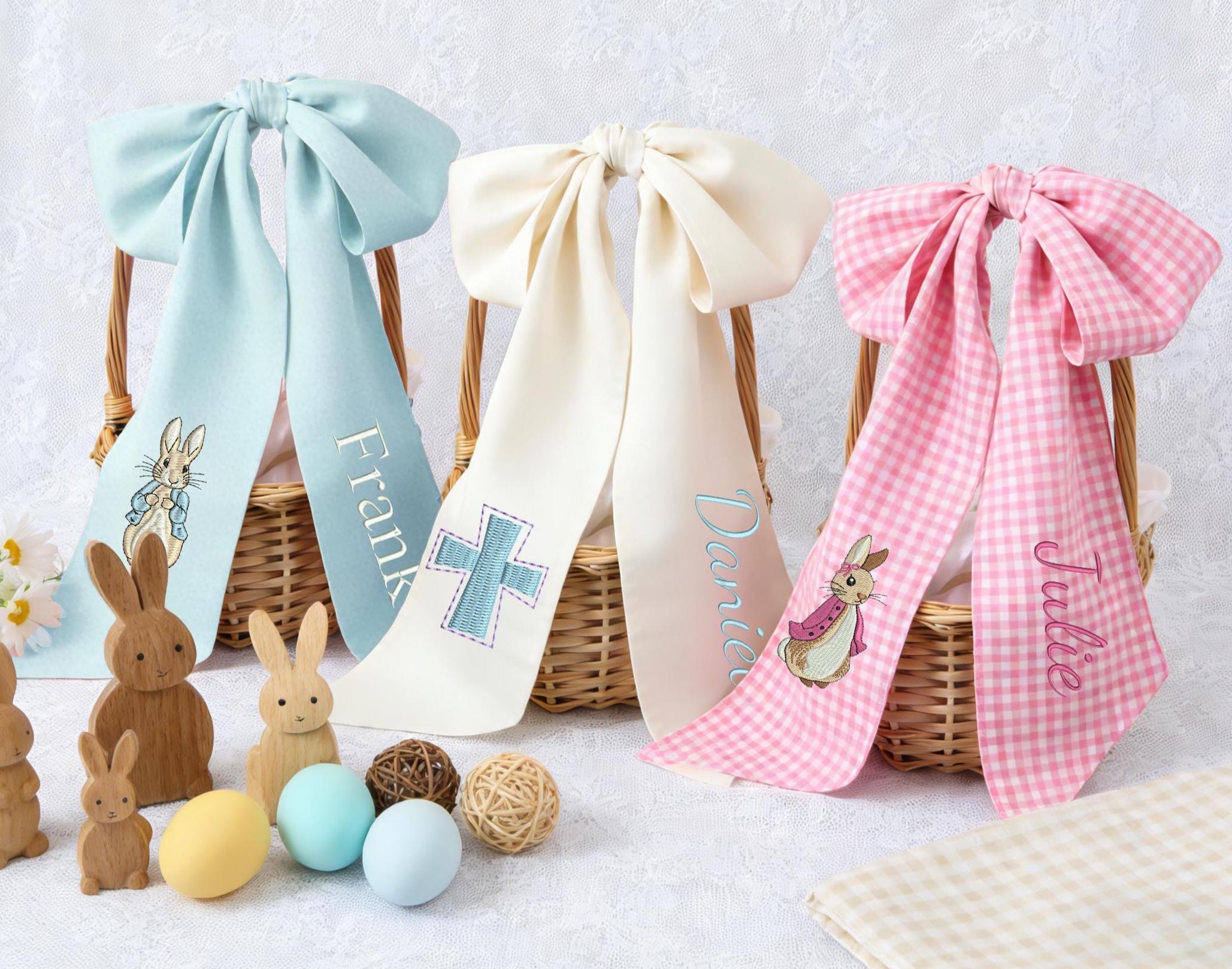 Personalized Seersucker Easter Basket Bow with Embroidered Name Custom Monogrammed Bunny Design Egg Hunts Gift & Spring Decorations