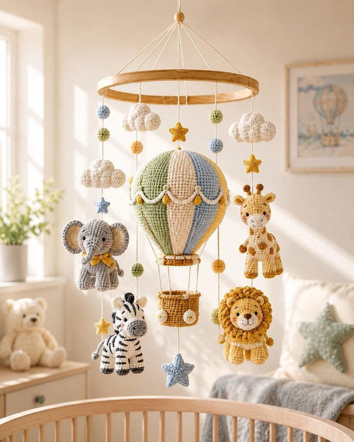 Animals With Hot Air Balloon Crochet Baby Mobile, Giraffe Elephant Lion Nursery Mobile, Neutral Green Crib Mobile, Baby Shower Gift CrochetBBM02