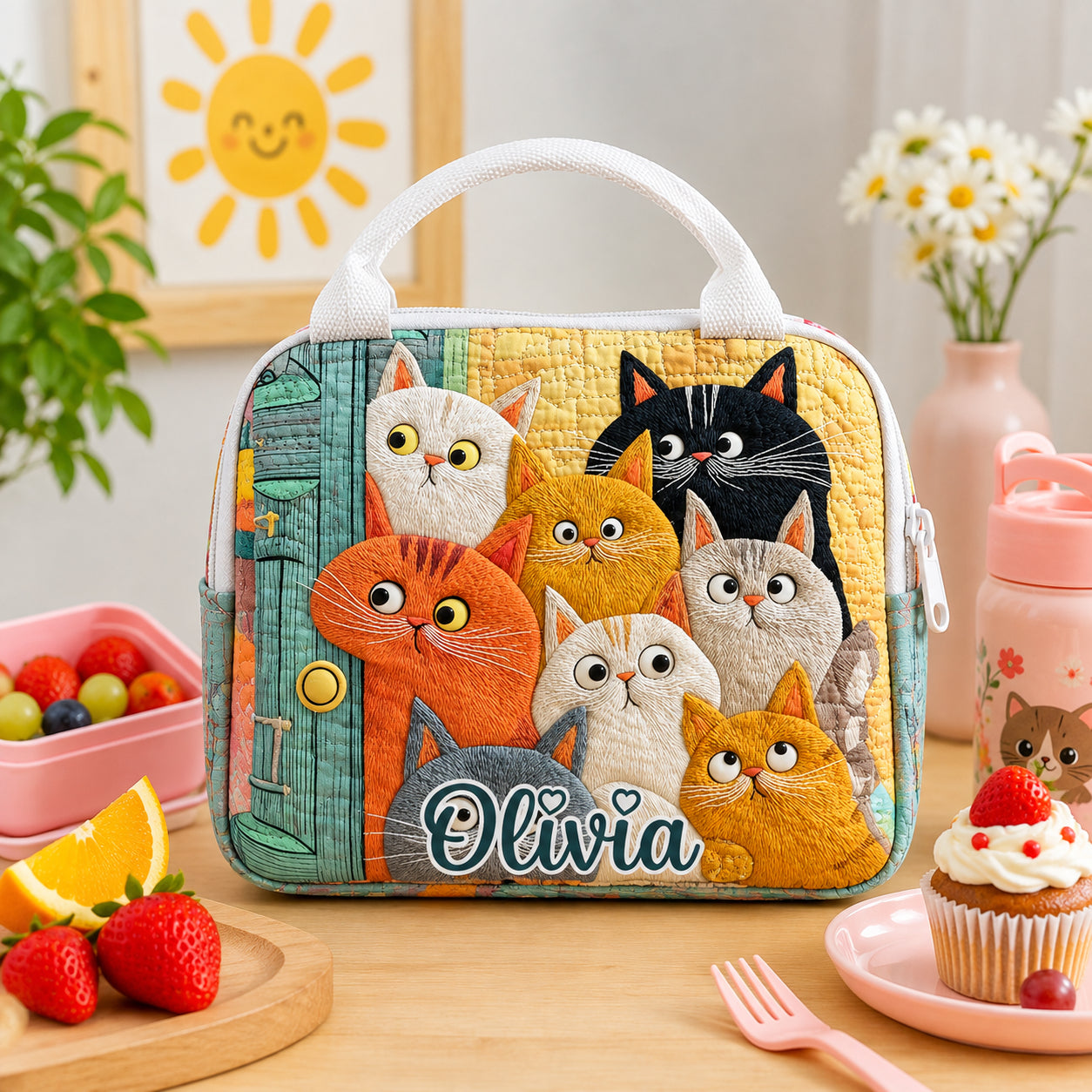 Cute Cat Quilted Lunch Bag, Insulated Quilted Lunch Tote, Cat Lunch Bag, Custom Name Lunch Bag, Picnic Bag, Reusable Lunch Tote QLB02