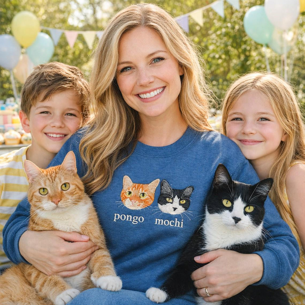 Embroidered Cat Mom Sweatshirt for Women – Custom Pet Portrait Crewneck from Photo, Personalized Cat Lover Gift, Birthday Present for Mom
