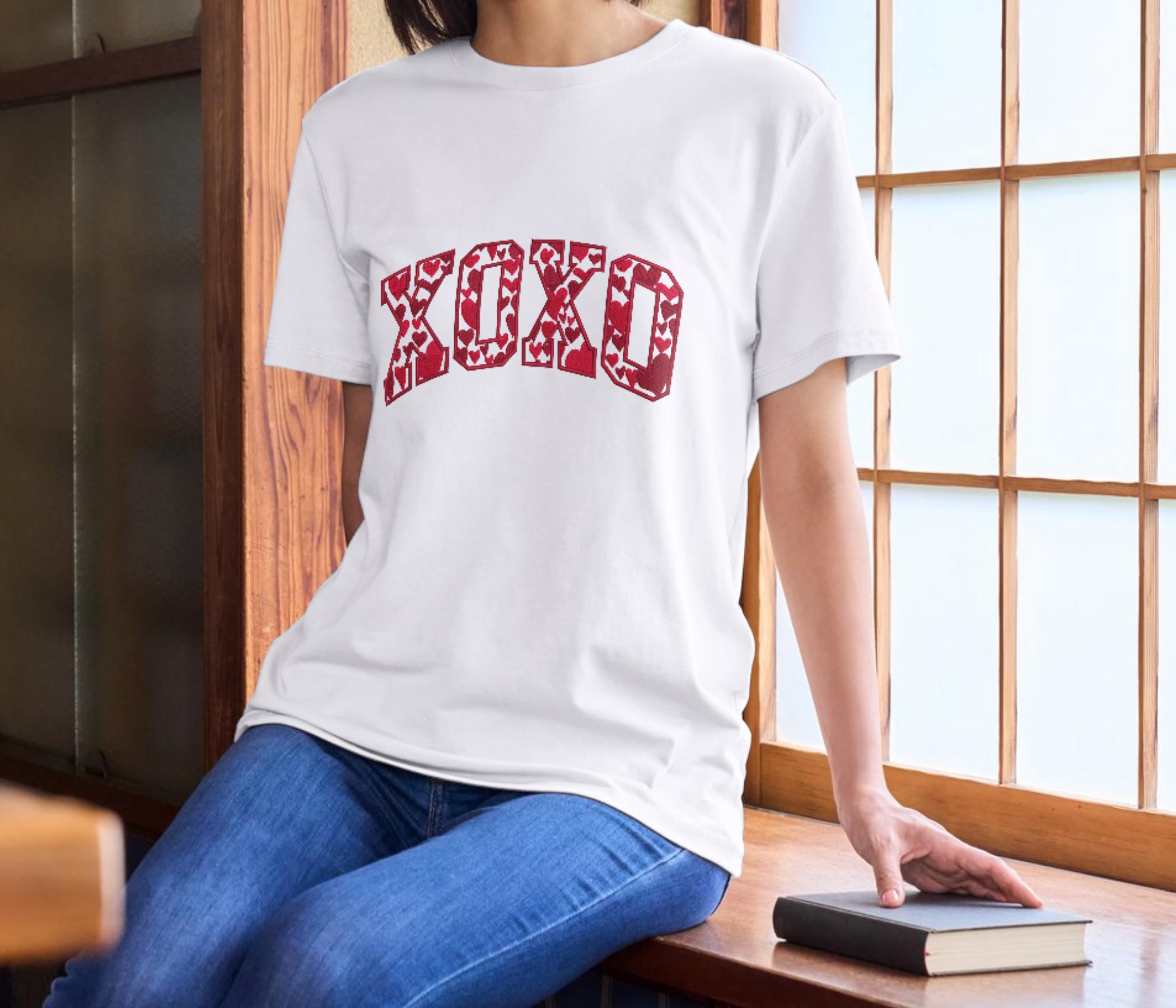 Valentine’s Day XOXO Embroidered Sweatshirt, Hearts Embroidery Crewneck, Romantic Love Gift