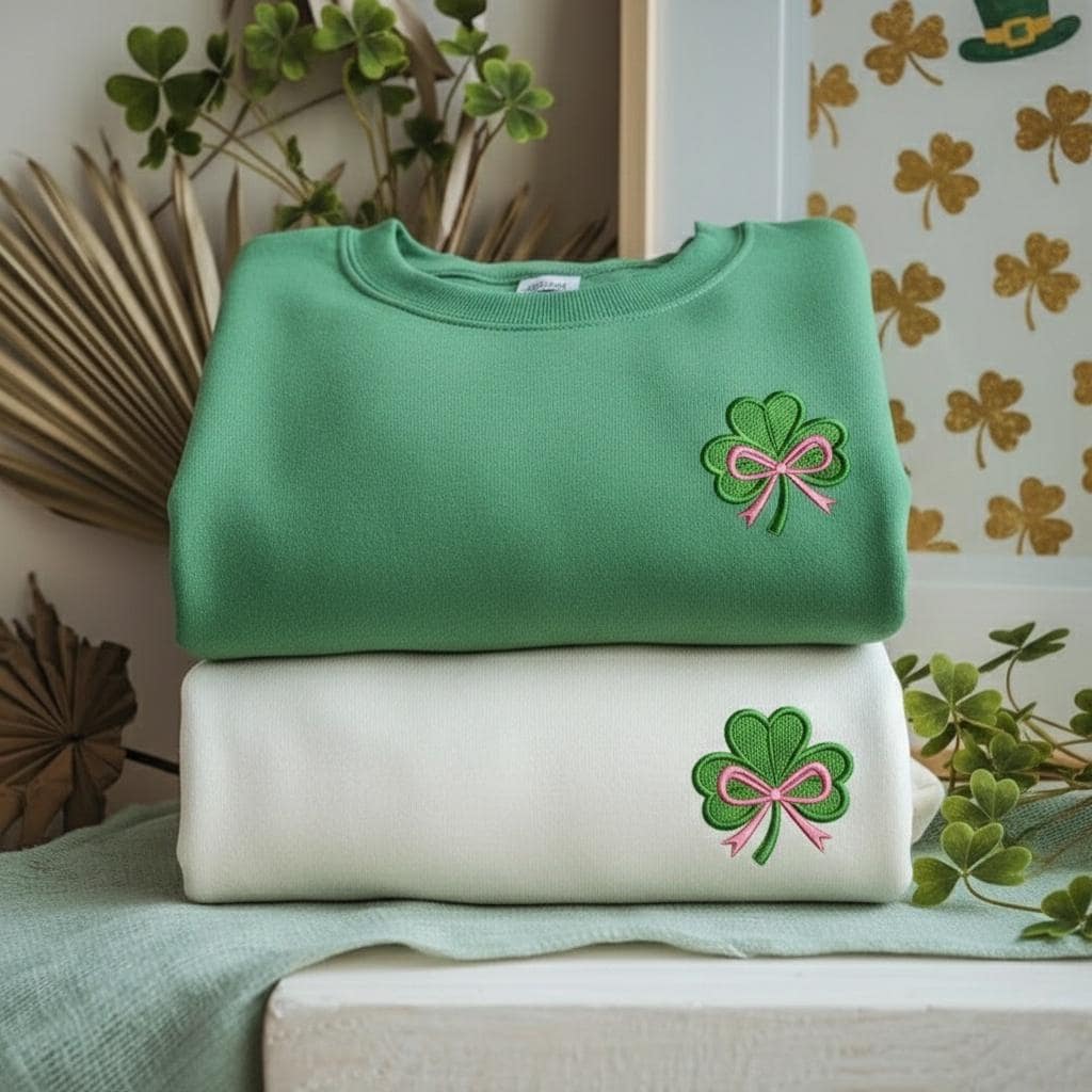 Shamrock Bow Embroidery Sweatshirt – Lucky Clover Machine Embroidered Crewneck, St. Patrick’s Day Outfit
