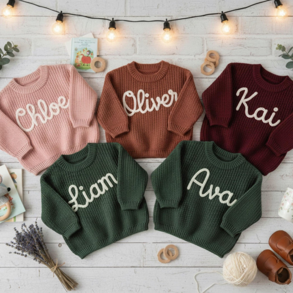 Personalized Hand Embroidered Baby Name Sweater, Custom Knit Sweater for Girls Boys, Birthday Gift, Baby Outfit