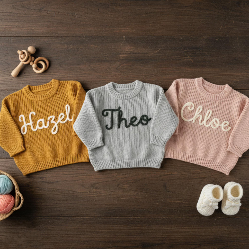 Personalized Hand Embroidered Baby Name Sweater, Custom Knit Sweater for Girls Boys, Birthday Gift, Baby Outfit