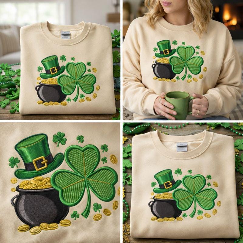 St Patrick’s Day Shamrock Embroidered Sweatshirt, Leprechaun Hat Pot of Gold Clover Crewneck