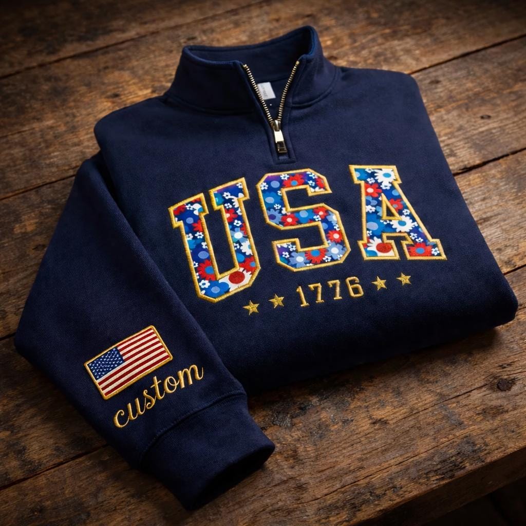 Embroidered USA Floral Crewneck Quarter Zip Sweater – Custom Sleeve American Pride Sweater, America 250th Anniversary, Independence Day Gift