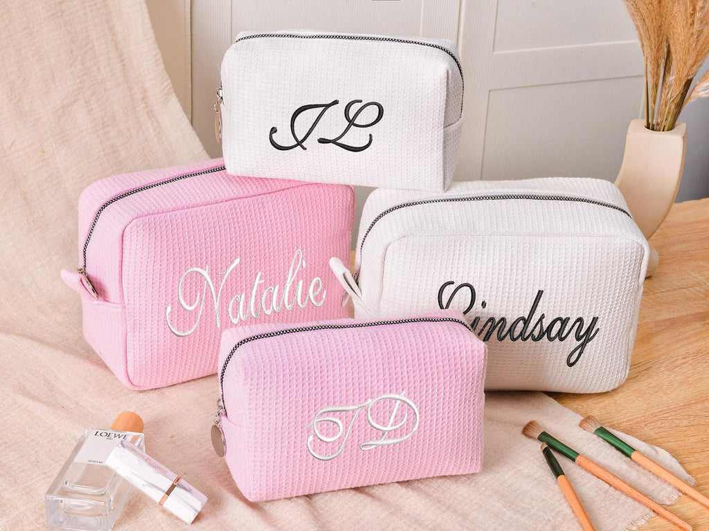 Custom Name Waffle Makeup Bag – Embroidered Monogram Cosmetic Pouch, Bridesmaid Gift, Gift for Her