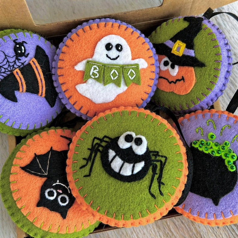 Set 6Pcs - Handmade Halloween Felt Tree Ornament, Cute Ghost Pumpkin Skull Hanging Decoration, Spooky Halloween Gift HFOR02