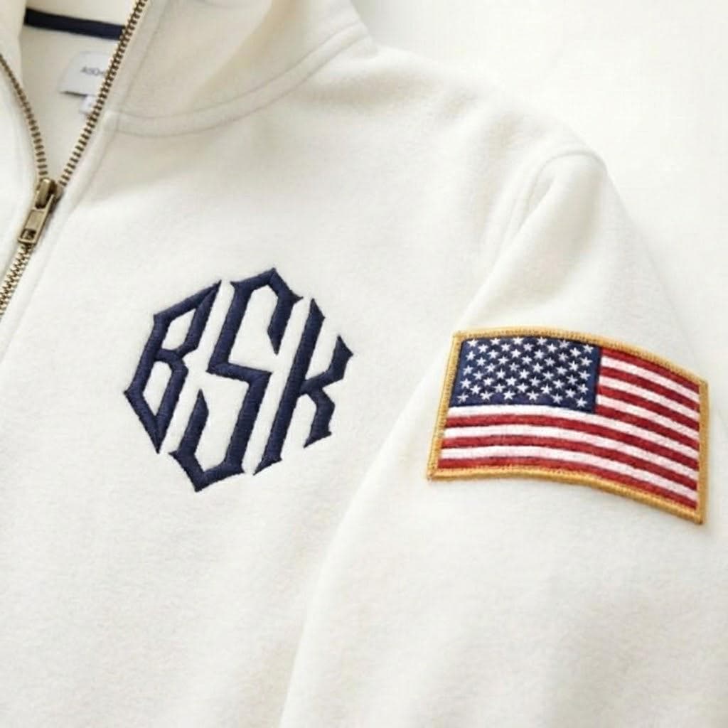 Personalize your J.E.E Epstein 1/4 zip-up sweatshirt with embroidered name, personalize your sleeve flag, JEE monogram embroidered t-shirt